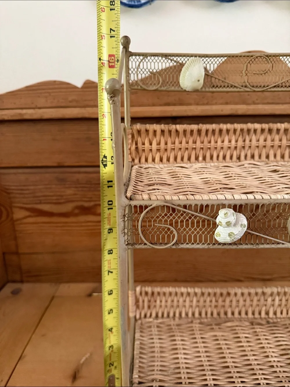 Wall Shelf with Metal, Wire, Wicker & Coastal Detail - Hangs or Stands Alone